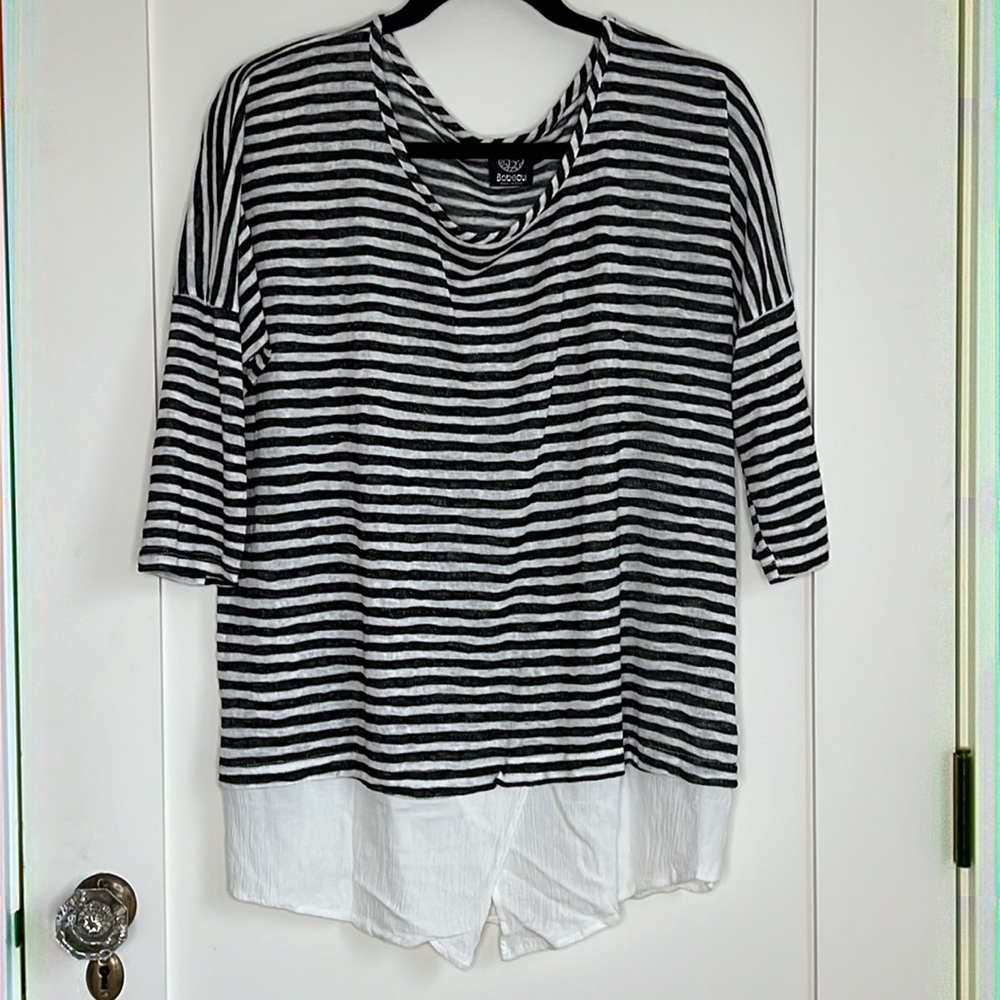 🛍️ Bobeau Black White Stripe Double Layer Look Oversize Rayon Poly Tunic L/XL